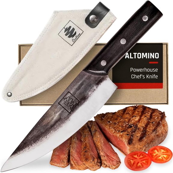 Altomino Tungsten Steel Slicing Knife, 7.1-in Japanese Traditional Chef, Forged Hammered Kitchen Knife, Outdoor Cooking Hunting Survival Knives