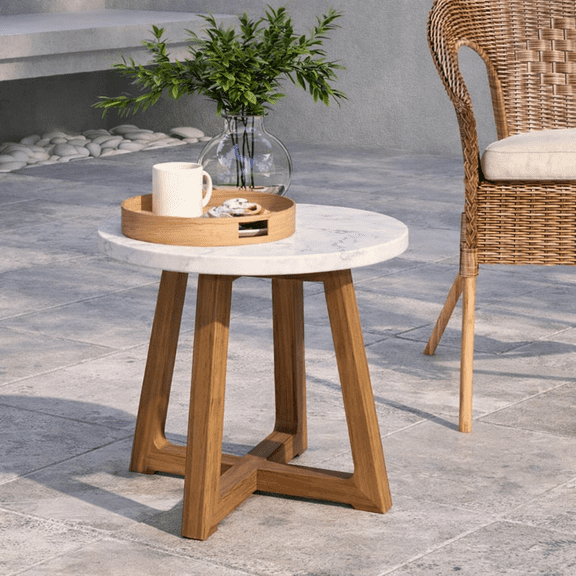Alton 18 Round Outdoor Side Table With Solid Wood Base & Concrete Tabletop  Patio & Garden Use