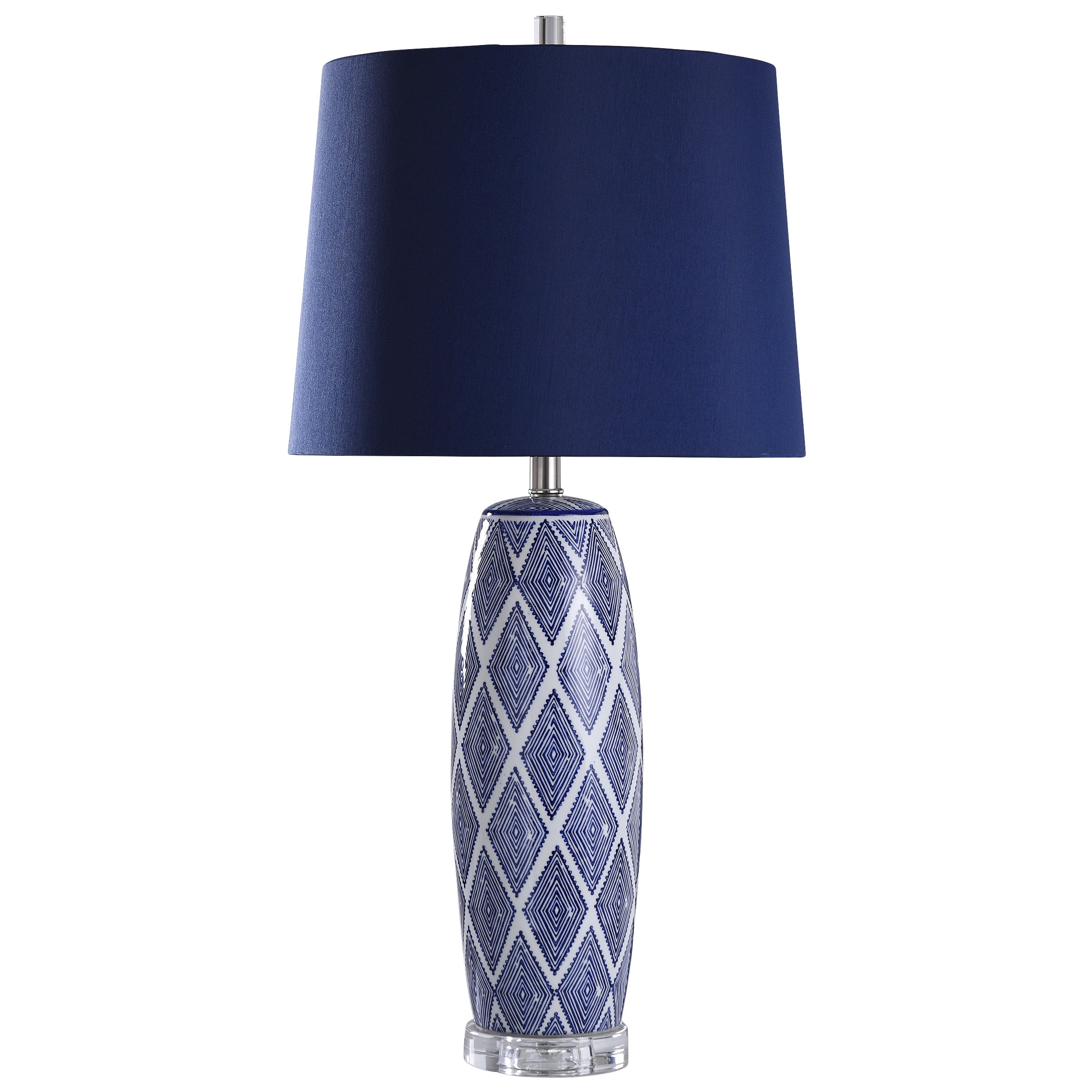 Alton - Geometric Diamond Pattern Ceramic Table Lamp with Acrylic Base and Tapered Drum Shade - White, Blue, Clear Finish - Blue Shade