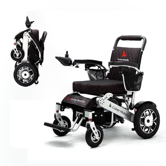 Alton Mobility - WOLF - Foldable Lightweight Heavy Duty Electric Wheelchair 330 lbs Max Load 500W 13 Miles - BLACK LEATHER