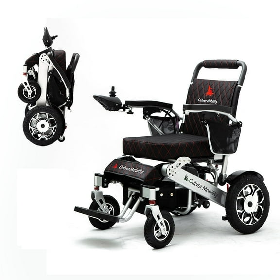 Alton Mobility - WOLF - Foldable Lightweight Heavy Duty Electric Wheelchair 330 lbs Max Load 500W 13 Miles - BLACK LEATHER