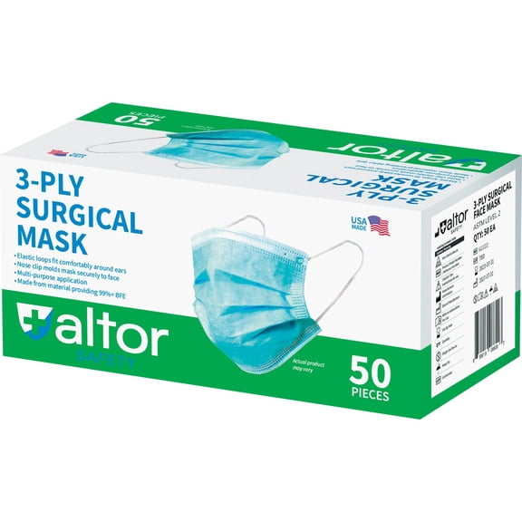 Altor Safety Disposable 3-Ply Surgical Face Mask - Medical, Adult - 50 Pack