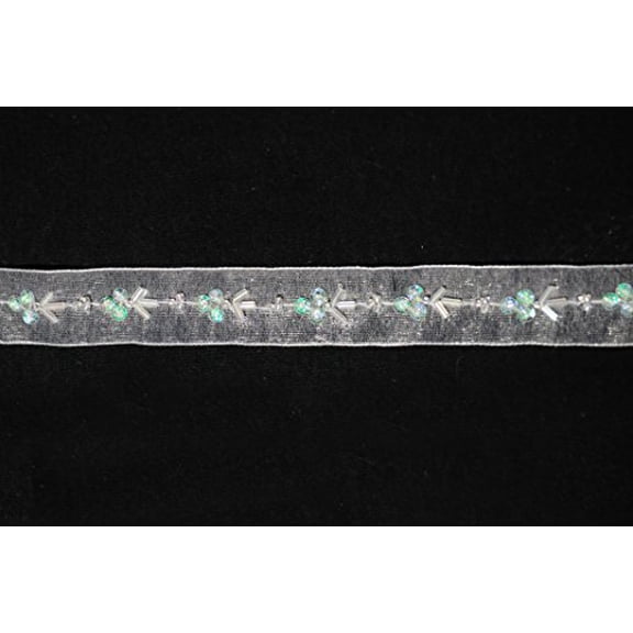 Altotux 0.75" White Sheer Organza Lace Trim with Light Green Iridescent Beading