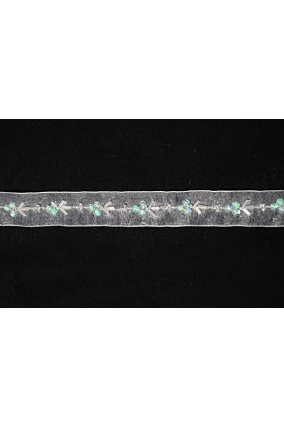 0.75" White Sheer Organza Lace Trim with Light Green Iridescent Beading