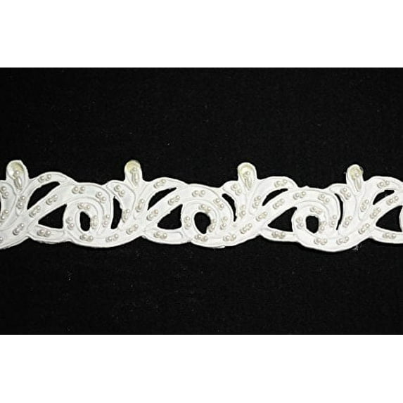 Altotux 1-5/8" White Satin Bridal Pearl Beaded Sequins Corded Lace Trim by Yard