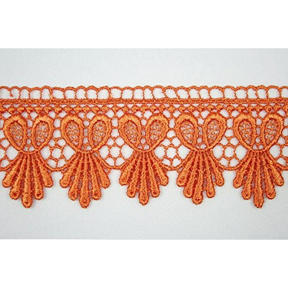 Altotux 1.75" Gold Coral Green Gray Eggplant Embroidered Venice Lace Trim By 15" (ORANGE)