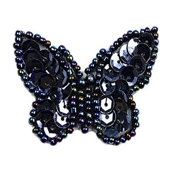 Altotux 1.75"x1.25" Black Navy Beaded Sequins Butterfly Sew On Applique Patch (Navy)