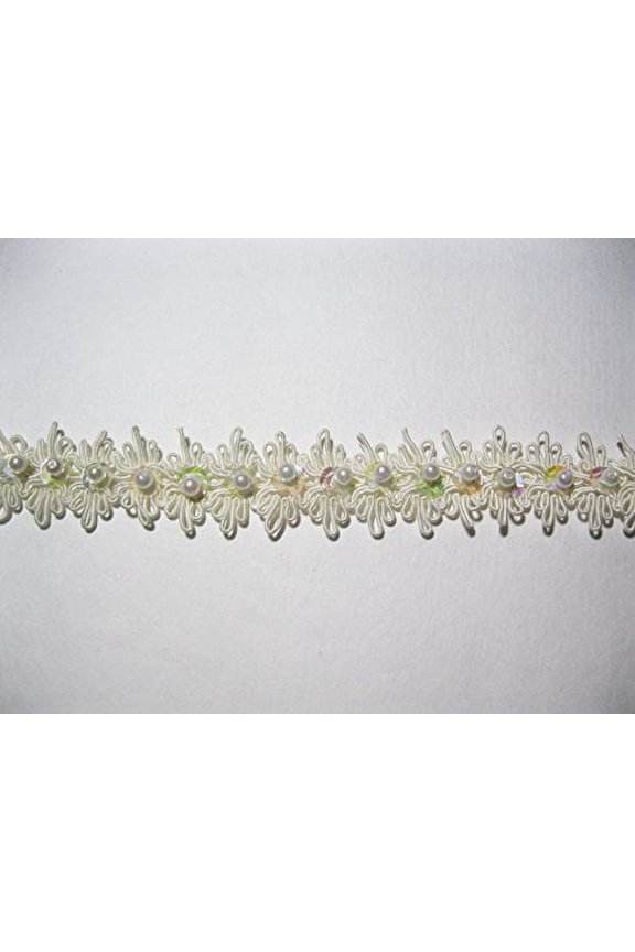 1" Ivory White Cord Braid Iridescent Sequins Pearl Rope Trim By Yard (Ivory)