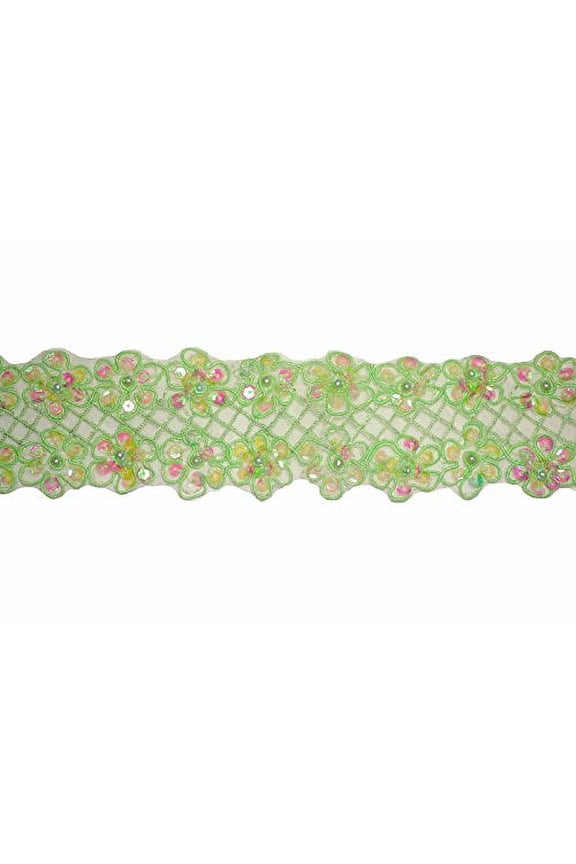 2.25" Sheer Organza Embroidered Neon Green Trim Bead Sequins By Yard