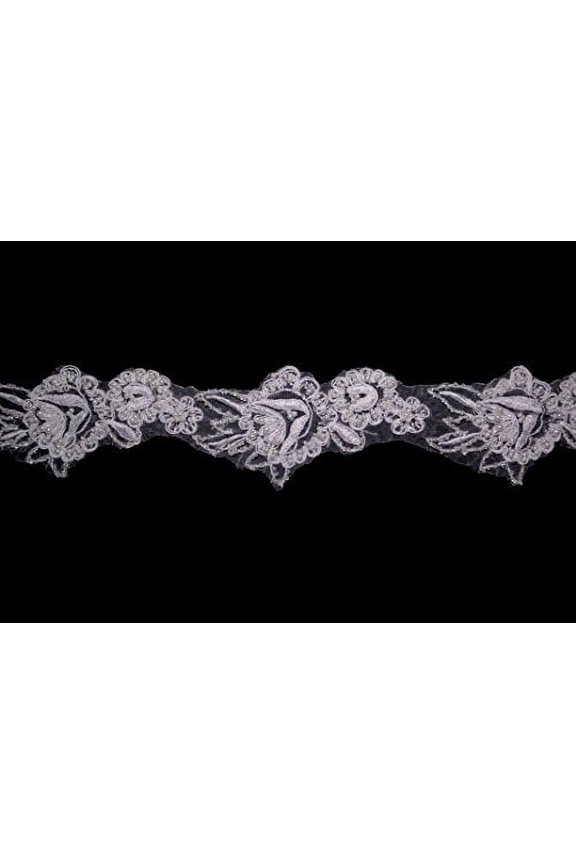 2.5 White Floral Embroidered Sheer Organza with Cording Pearl Beading