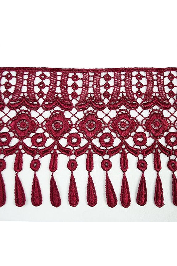 4" 12 Colors Teardrop Fringe Venice Floral Lace Trim Guipure By Yard (Burgundy)