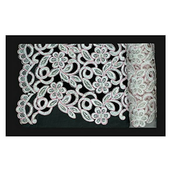 Altotux 52" Two Tone White Blue Green Pink Handsewn Beaded Corded Floral Embroidery Scalloped Fabric Textile Supplies By Yard (Pink)