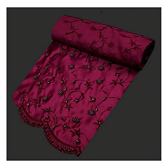 Altotux 55" Pearl Bugle Beads Satin Fabric Blue Green Burgundy Pink Lilac White By Yard (Burgundy)