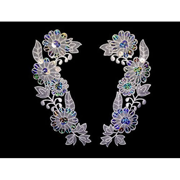 Altotux 6" X 2.5" White Organza Floral Collar Lace Pair Silver Laser Patch Applique By Pair