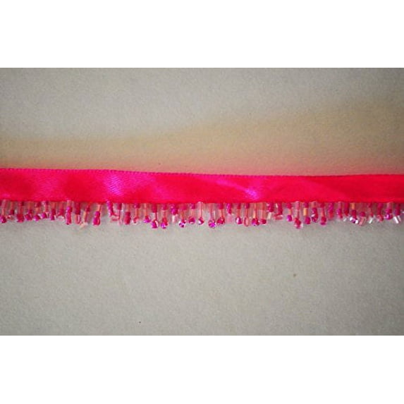 Altotux Beaded Trim Fringe 5/8" Clear and Hot Pink Glass Seed Beads 3/8" Ribbon