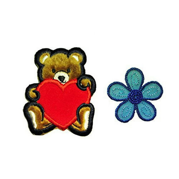 Altotux Brown Fuzzy Furry Bear with Red Velvet Heart Blue Embroidered Organza Daisy Flower Sew on Patch Applique Motif DIY Supplies