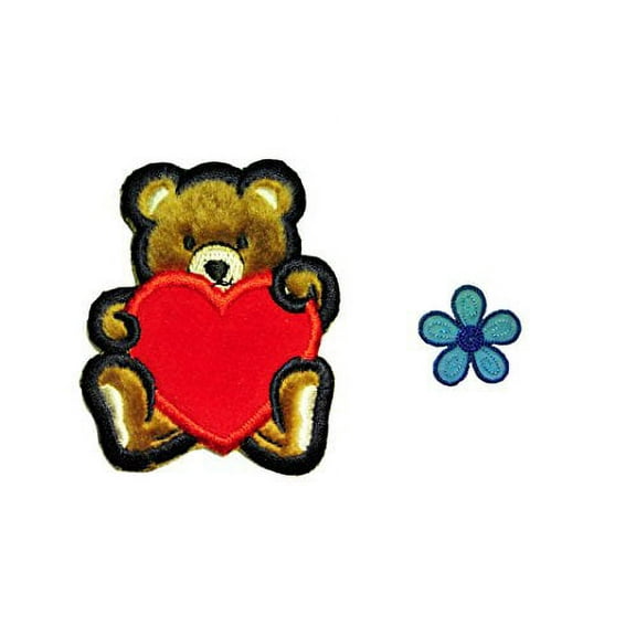 Altotux Brown Fuzzy Furry Bear with Red Velvet Heart Blue Embroidered Organza Daisy Flower Sew on Patch Applique Motif DIY Supplies