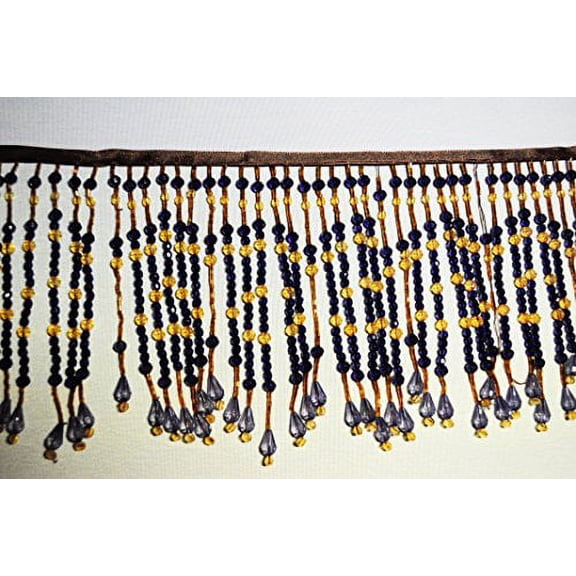 Altotux Fringe Trim 6" Navy Blue Amber Yellow Acrylic Beads 3/8" Brown Ribbon