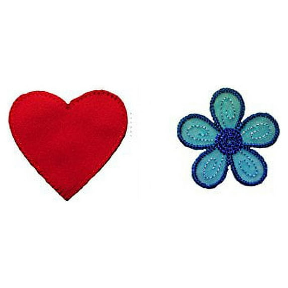 Altotux Red Heart and Blue Embroidered Organza Daisy Flower Sew On Patch Applique Sewing Notions DIY Craft Supplies