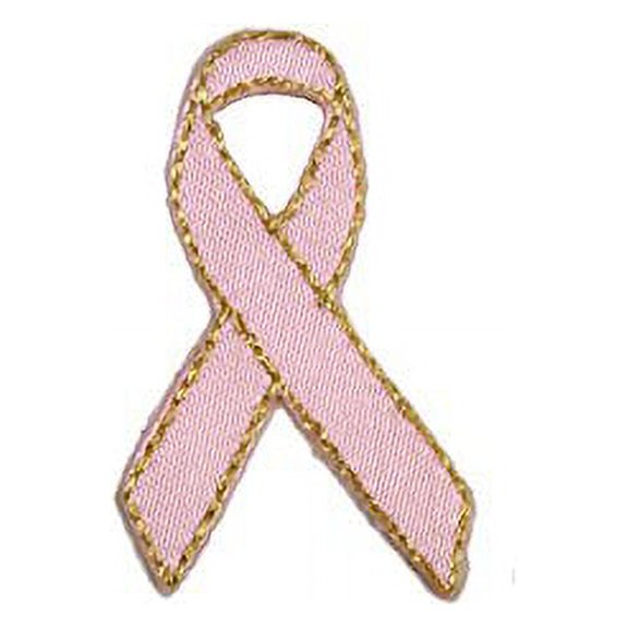 Altotux Self Adhesive Pink Breast Cancer Awareness Ribbon Satin Patch with Metallic Gold Thread Sticker Iron Sew On Applique (Small (1.75"x1"))