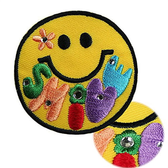 Altotux Smiley Happy Face Rhinestone Self Adhesive Embroidered Applique Patch