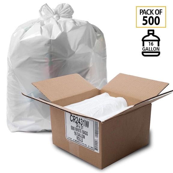 Aluf Plastics 12-16 Gallon White Trash Bags - (Pack of 500) Linear Low Density Butene Star Seal Coreless Wastebasket Liners for Home, Bathroom, Kitchen, Office, and Everyday use