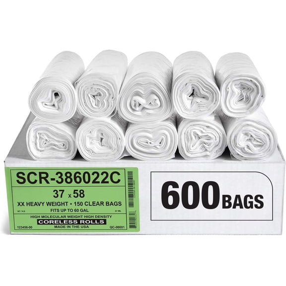 Aluf Plastics 55-60 Gallon Trash Bags Source Reduction Series Value High Density 22 Micron Gauge (equiv) - Intended for Home, Office, Bathroom, Paper, Styrofoam (Pack of 600)