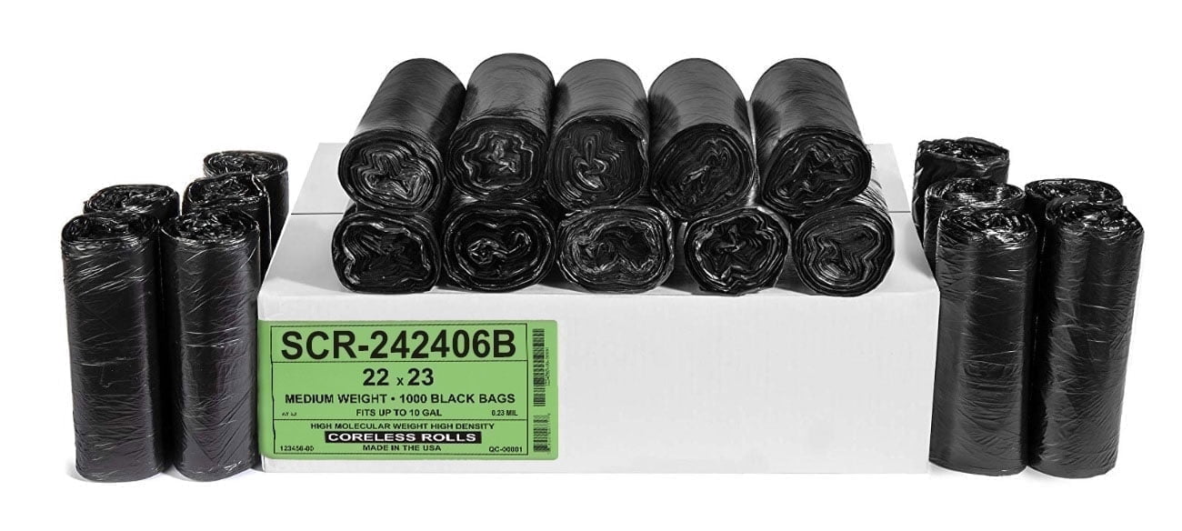 Aluf Plastics 7-10 Gallon Trash Bags - (Commercial 1000 Pack) - Source Reduction Series Value High Density 6 Micron Gauge (equiv) - Intended for Home, Office, Bathroom, Paper, Styrofoam - Black