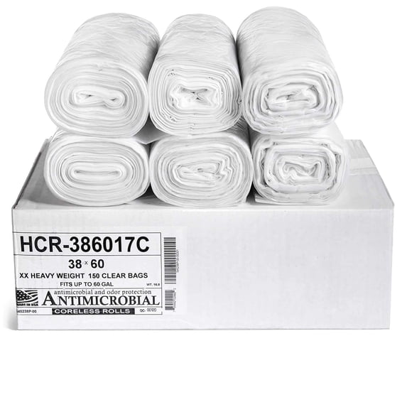 Aluf Plastics High Density Star Sealed Coreless Roll Bags, 60 Gal, Polyethylene, 38" x 60", Clear (Pack of 200)