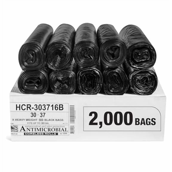 Aluf Plastics High Density Trash Bags, 30 Gallon, 2000 Count, 16 Micron (eq), 30" x 37", Black, for Bathroom, Office, Industrial, Commercial, Janitorial, Municipal, Recycling