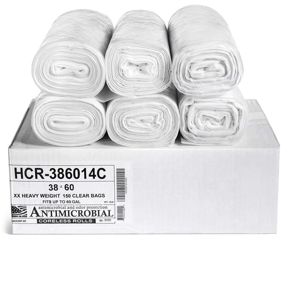 Aluf Plastics High Density Trash Bags, 60 Gallon, 200 Count, 14 Micron (eq), 38" x 60", Clear, for Bathroom, Office, Industrial, Commercial, Janitorial, Municipal, Recycling