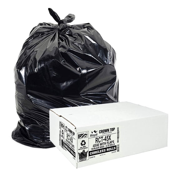 Aluf Plastics RCT-45X Star Sealed Coreless Rolls with E-Z Tie Flap Closure, 45 Gal, 1.5 Mil Equiv, Polyethylene, 40" x 46",Black (Pack of 100)