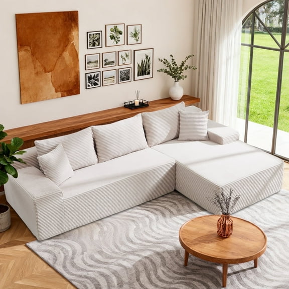 Alukang 105" Modular Sectional Sofa for Living Room Bedroom, Modern L-Shaped Boneless Couch with Deep Seat, Corduroy Cloud Couch with Memory Foam, No Assembly Required (Beige, Right Facing Chaise)