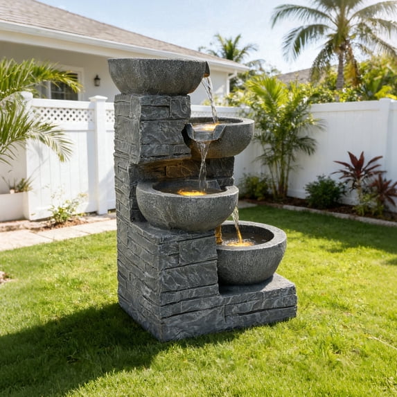 Alukang 21.85" Outdoor Water Fountain, 4-Tier Cascading Garden Waterfall Fountains with Warm LED Lights, Floor Standing Fountain Water Feature for Garden Patio, Backyard, Home Decor, Gray