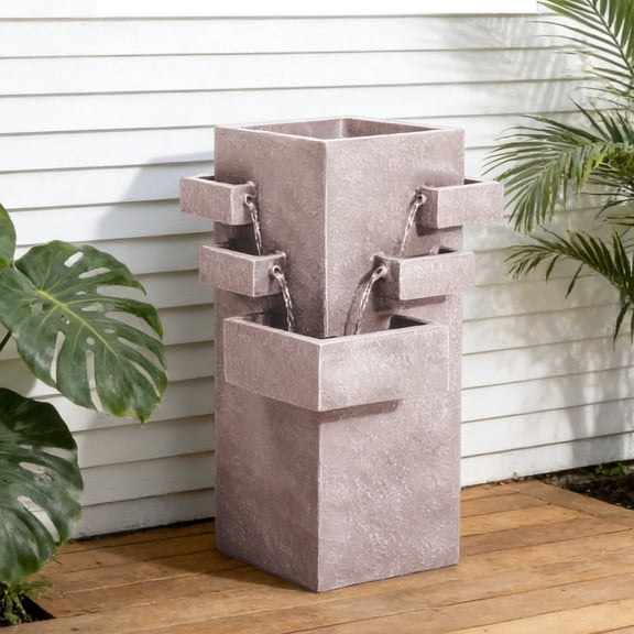 Alukang 27.76" Outdoor Water Fountain with Cascading Waterfall, Modern 3-Tier Resin Garden Fountain with Pump, Floor Standing Water Feature for Patio, Backyard, Yard, Porch, Home Decor, Beige