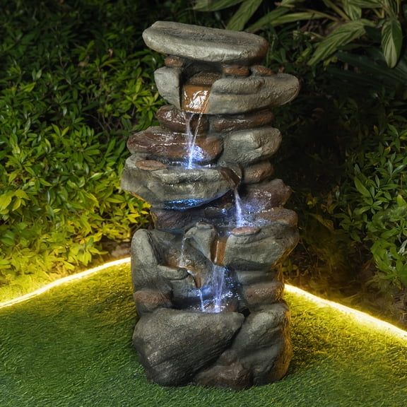 Alukang 30'' Outdoor Cascading Tiered Waterfall Fountain, Stone Water Fountains with LED Light for Patio Yard Garden Backyard, Gray