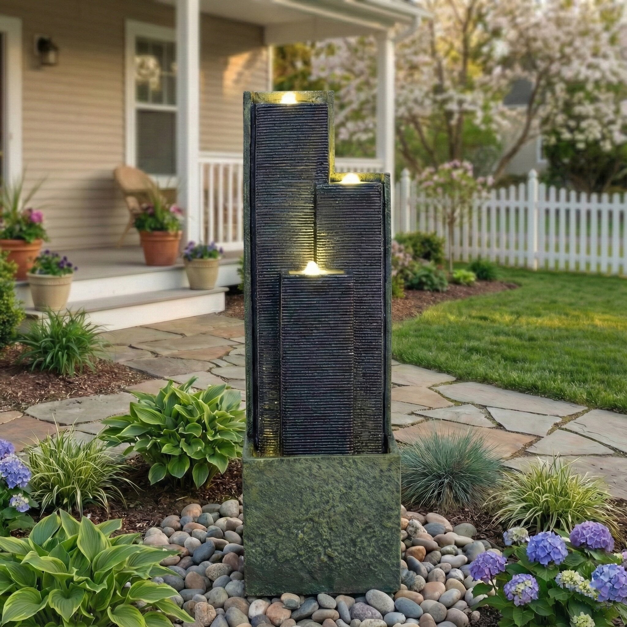 Alukang 39'' H Outdoor Waterfall Fountain Modern Cascading Freestanding Fountain with LED Lights for Garden Patio Porch Lawn Backyard Decor, Gray