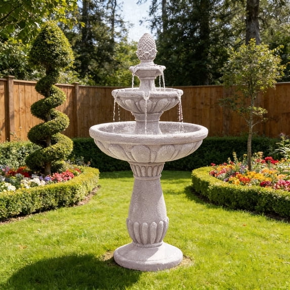 Alukang 41" Italian Outdoor Water Fountain, 3-Tier Garden Fountains and Waterfall with Pump & Pineapple Finial, Freestanding Resin Waterfall Fountain Feature for Patio,Backyard,Home Decor, Beige