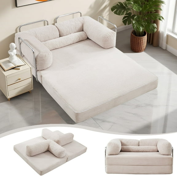 Alukang 79'' Convertible Folding Sofa Bed, Boneless Couch with Fixed-Shape Frame, Corduroy Loveseat Sleeper Sofa for Living Room Bedroom, Modular Sectional Compressed Floor Sofa Couch (Beige)