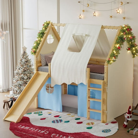 Alukang Full Size House Loft Bed with Sills and Tents, Solid Wood Loft Bed with Ladders and Slide, Chic Design with Lights, No Box Spring Needed (Natural-Blue)