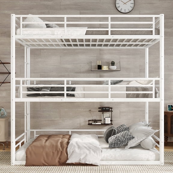 Alukang Triple Bunk Bed for Bed Room, Full over Full over Full Metal Three Bunk Bed with Ladder and Guardrail, No Box Spring Needed, White