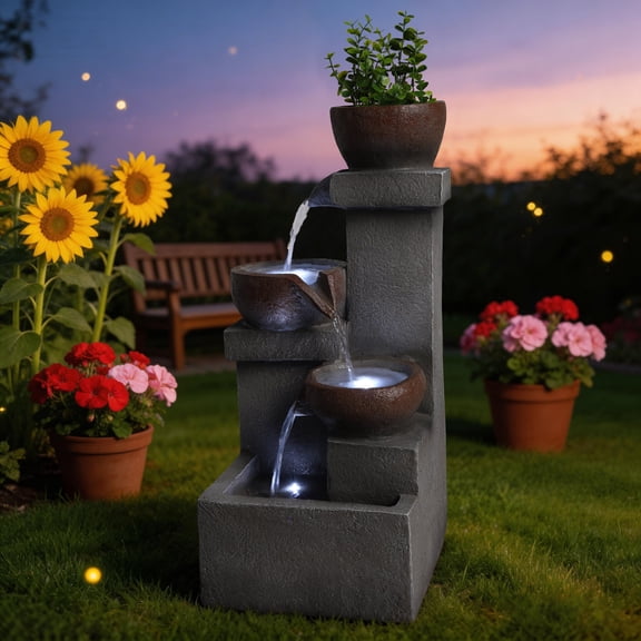 Alukang Outdoor Resin Waterfall Fountain with LED Lights Tiered Cascading Jar Water Fountains for Garden Patio Decoration, Gray