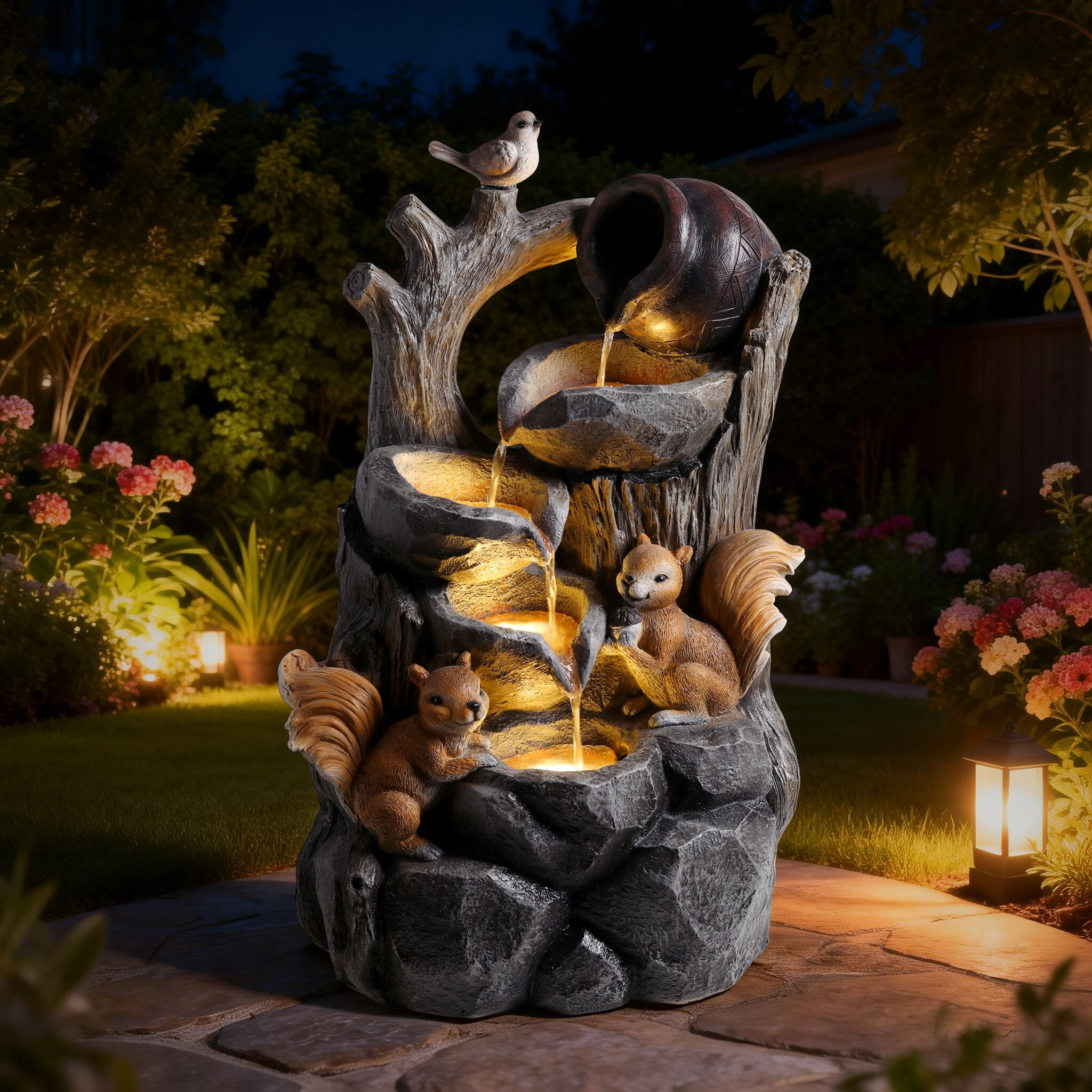 Alukang Outdoor Squirrel Waterfall Fountain with Lights Water Fountains Garden Decoration Resin Tree Stump Pouring Jug for Patio Yard Porch, Gray