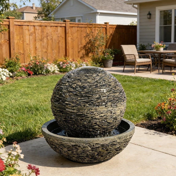 Alukang Outdoor Stone Sphere Water Fountain with Pump, Stacked Rock Ball Waterfall Fountain Feature with Basin, Resin Garden Water Fountain for Patio, Backyard, Yard, Deck and Landscape Decor