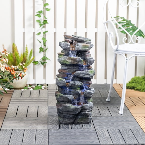 Alukang Outdoor Tiered Rock Waterfall Fountain with LED Lights Stone Garden Water Fountains Outdoor Decoration for Patio Lawn Backyard, Gray