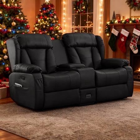 Alukang Power Loveseat Recliner, PU Leather Electric Dual Independent Recliner with Cup Holders/LED/Drawer/USB/USB C for Living Room, Home Theater