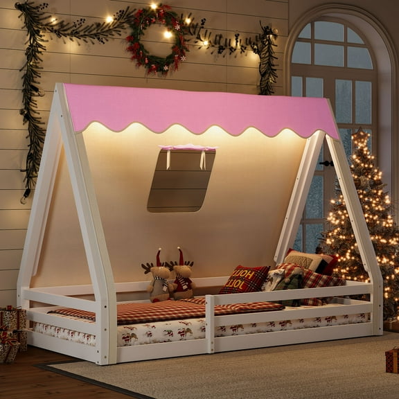 Alukang Twin Size House Floor Bed with Tent and Light, Solid Wood Teepee Floor Bed with Full-length Guardrails, Childlike Design (White-Pink)