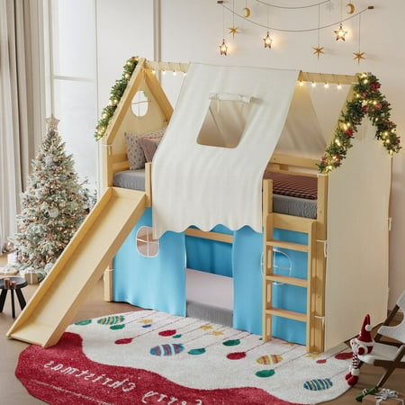 Alukang Twin Size House Loft Bed with Sills and Tents, Solid Wood Loft Bed with Ladders and Slide, Chic Design with Lights, No Box Spring Needed (Natural-Blue)