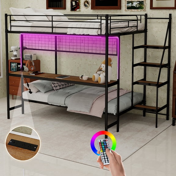 Alukang Twin over Full Bunk Bed with Built-In Desk and LED Lighting, Space-Saving Loft Bed for Bedrooms Dorms, Black