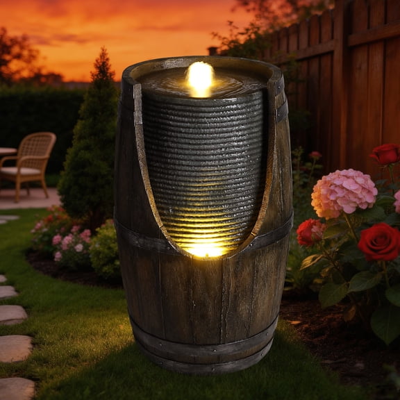 Alukang Wooden Barrel Style Outdoor Waterfall Fountain with Lights Resin Rustic Garden Water Fountains Decoration for Patio Porch Yard, Grayish Green